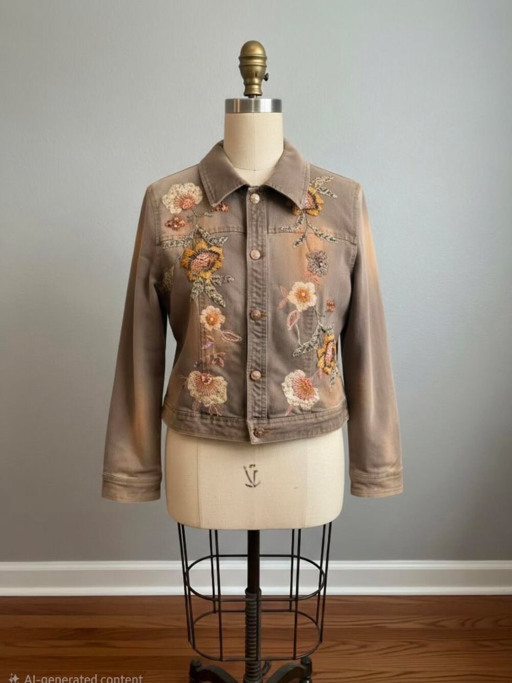 Christine Phillipe Elaborate Floral Embellished Denim Jacket